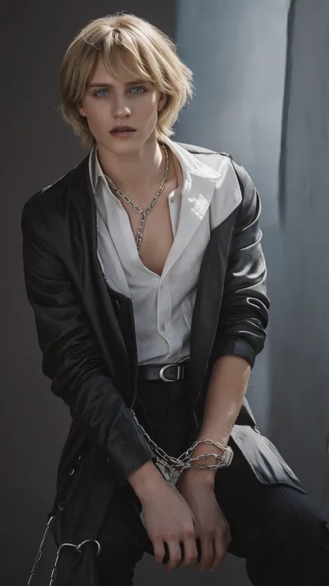 Shoulder-length hair,1boy, bangs, belt, black jacket, black pants, blood, bound, bound wrists, blonde hair, chain, chained, collared shirt, cuffs, cuts, formal, handcuffs, injury, jacket, kneeling, long sleeves, looking at viewer, male focus, open clothes,...