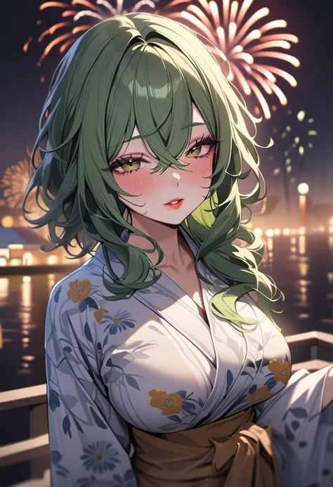 1girl,solo,super detailed skin,shiny skin,natural face ,half open eyes,eyelashes,lips gloss,green hair,crossed bangs,messy hair,large breasts,floral printed yukata ,night harbor,fireworks ,cowboy shot,masterpiece,best quality,ultra detailed,high resolution...