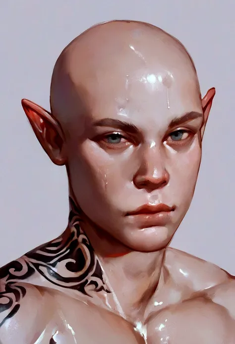 score_9, score_8_up, score_7_up, portrait of a young male albino elf, with bald head and black tattoos and eye, oil painting, cl...