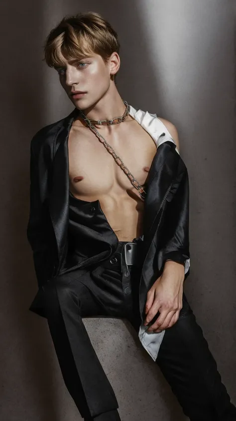 Shoulder-length hair,1boy, bangs, belt, black jacket, black pants, blood, bound, bound wrists, blonde hair, chain, chained, collared shirt, cuffs, cuts, formal, handcuffs, injury, jacket, kneeling, long sleeves, looking at viewer, male focus, open clothes,...