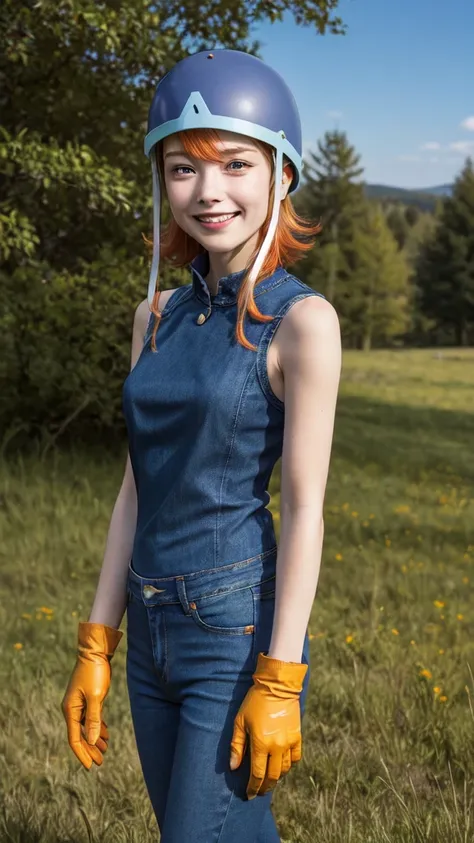 masterpiece, best quality, high resolution, soradef, one , alone, blushing, smiling, short hair, orange hair, helmet, orange eye...