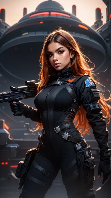 a woman holding an assault rifle in front of a futuristic spaceship, extremely detailed, hyperrealistic, fantasy art, eternal fa...