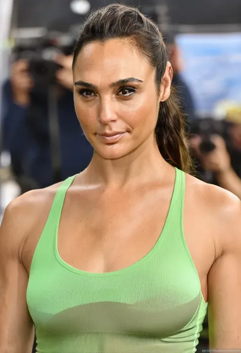 (high quality Erotic celebrity photograph ) ( galxgadt, pony ,GalGadot, exhausted , 40yo sexy woman,  at a  beach side  , brown buttery  skin tone, shiny make-up  ,( show her side , side boob tanktop  her  hair pulled back,pony tail,  incredibly sweaty lig...