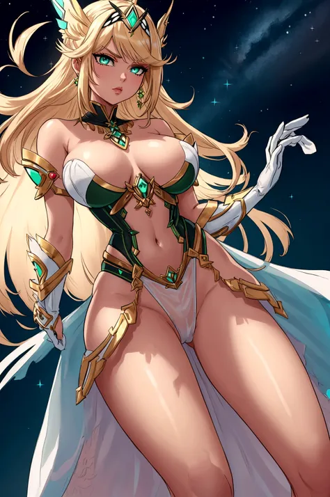 8K, Top Quality, Intricate Details, Ultra Detail, Ultra High Resolution, Masterpiece, Mythra from Xenoblade 2, milf; small and pointy breast, incredible long blonde hairs; strong makeup; sensual midriff; wearing jewelery, necklace, earrings, dress, visible...