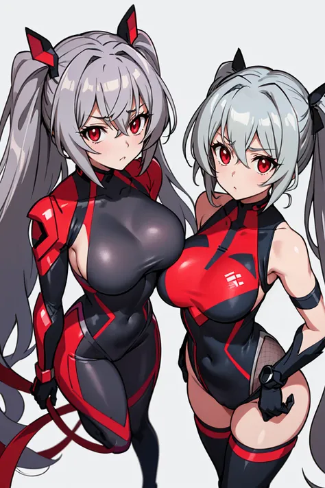 whole body,Standing posture, (Gray Hair,Twin tails,) (Super big breasts,,Symphogia style,Red eyes), (beautifully drawn face:1.2) (High leg leotard,Symphogear Suit,) Cold look,(White background) 