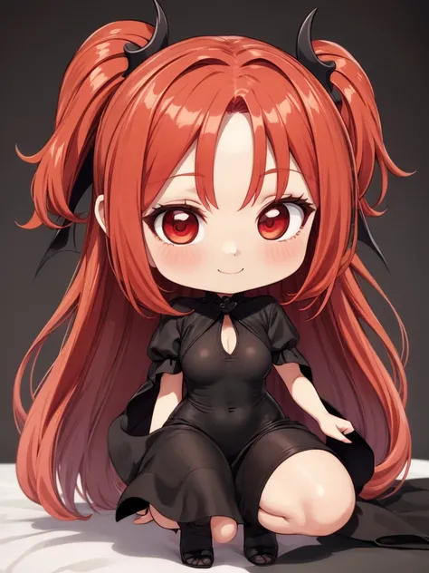 masterpiece, Highest quality, High resolution, One girl, alone, Modern vampires, Redhead, Long Hair, Open Hair, Red eyes, An innocent smile, 牙 Redhead, Red and black outfit, Scary background, Big , (Chibi:1.3)