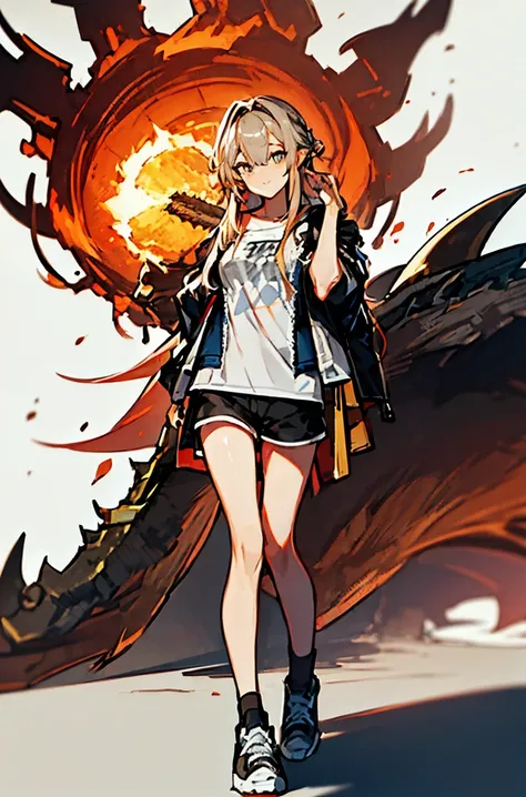 8K,high resolution,absurd,masterpiece,best quality
(hutaodef:1.2),Black shorts,Regular Clothes，white background，Hair Bunch，(surtr_arknights:1.10)，walk，shopping，shorts，Short sleeve，happy