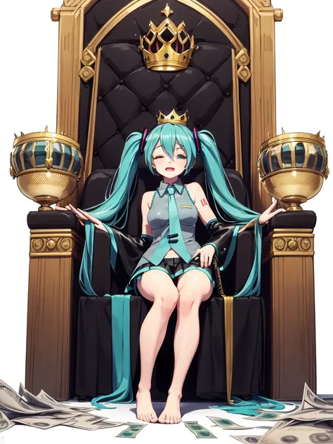 One girl, hatsune miku, Princess Costumes, Crown, Money, ((Throne)), Inside the castle, middle ages, Wearing a blue vest, Put one foot on the ground, The calf of the other leg is facing outward, hold the microphone with one hand, Put your other hand over y...