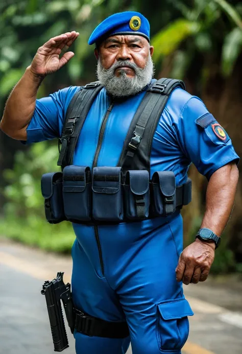 (a dark-skinned bearded fat old man in a bulky blue zipper diver suit) saluting, carrying a gun in holster and (wearing army beret), muscular, Basuki Abdullah, sumatraism, action, a character portrait, heroic, fierce, angry