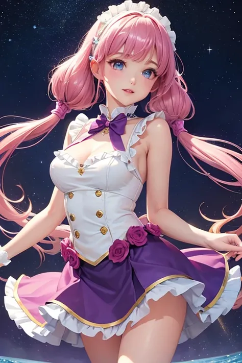 Highest quality、Highest quality、Masterpiece、woman１people、Purple shiny decollete dress、Golden embroidery、Frill mini skirt dress、Perfect body line、Adorable poses、Realistic、Glowing Skin、Groomed eyebrows、Pink Lips、Pink Hair、Blue Eyes、Twin tails、delicate、Shiny ...