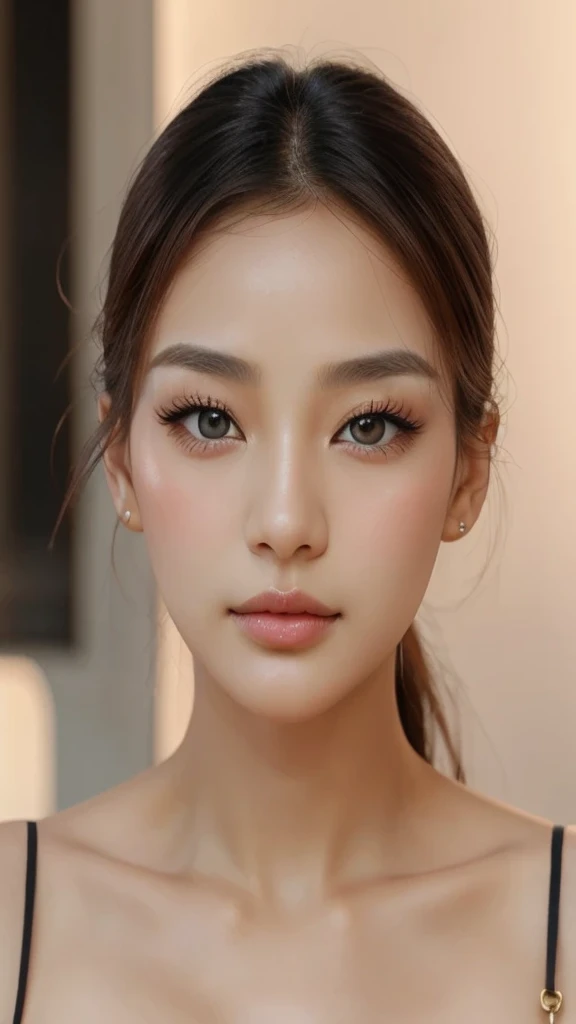 A women with siren eyes, small nose, plumb lips with v jawline and small face, hazel eyes. With glass skin and korean face with slim skinny body