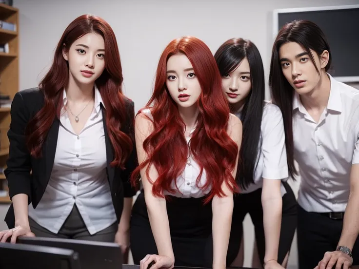 2 students,1 person with red hair,2 people with black hair,sexly,realistically,realistic