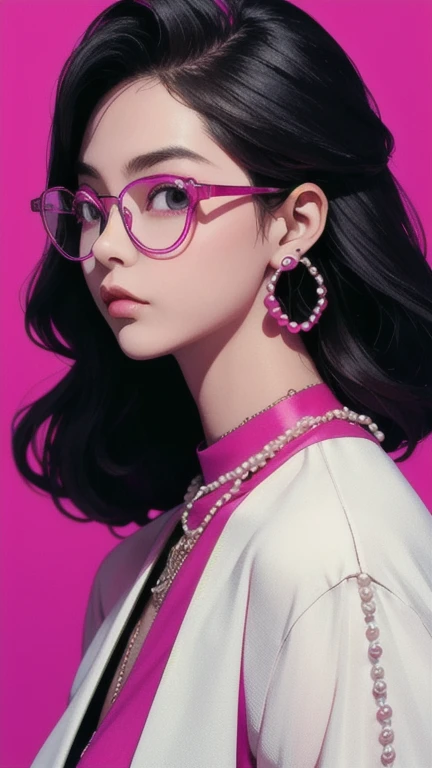 masterpiece,best quality,1 person,cyber,cyber朋克,have,earrings,glasses,simple background,magenta background,pearls and jewelry,