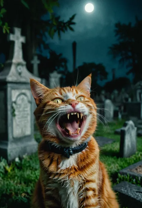 a zombie ginger cat laughs at the camera, very detailed, photorealistic, night in the cemetery, creepy atmosphere, cinematic, ma...