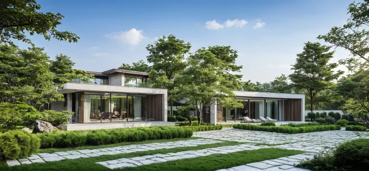 qlcd,tingyuan, photo of modern villa, grassland, garden, shrubs and trees, rock decoration, clear sky, sun light, realistic phot...