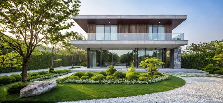 qlcd,tingyuan, photo of modern villa, grassland, garden, shrubs and trees, rock decoration, clear sky, sun light, realistic phot...