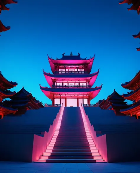 minimalist, ultra high definition photography of the zen temple building with an extremely minimal architecture design. The temple is made out of only one single piece of colored glowing neon light. A person stands in front of steps leading up to it. Blue ...