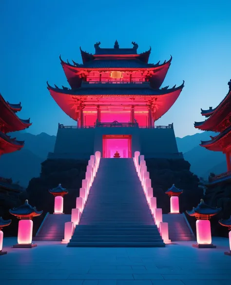 minimalist, ultra high definition photography of the zen temple building with an extremely minimal architecture design. The temple is made out of only one single piece of colored glowing neon light. A person stands in front of steps leading up to it. Blue ...