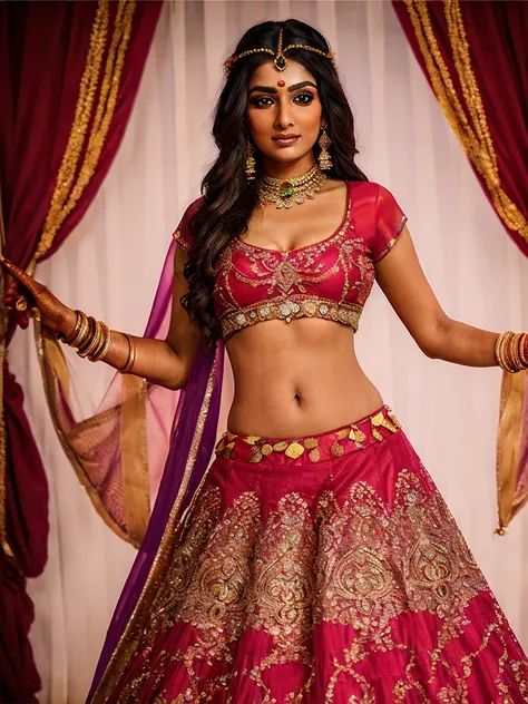 indian bride in a vibrant lehenga choli set, round deep navel, eyes symmetry, face symmetry, hdr, bold and rich colors, intricat...