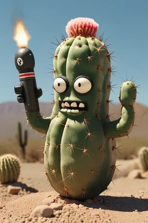 a realistic photo, a talking cactus holding a bomb