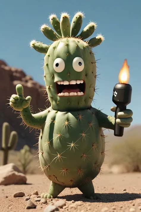 a realistic photo, a talking cactus holding a bomb