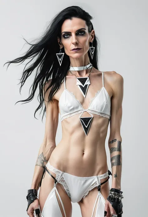 skinny 40 years old woman, extra  , flat chest, small ass, black long hair, wearing white cyberpunk lingerie with triangular forms, in a white background, black nails, triangular necklace, triangular earrings, showing vagina