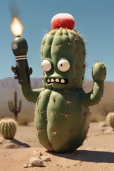 a realistic photo, a talking cactus holding a round bomb that clearly looks like a bomb