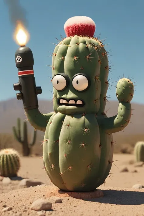 a realistic photo, a talking cactus holding a round bomb that clearly looks like a bomb