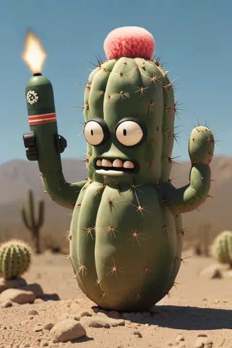 a realistic photo, a talking cactus holding a round bomb that clearly looks like a bomb