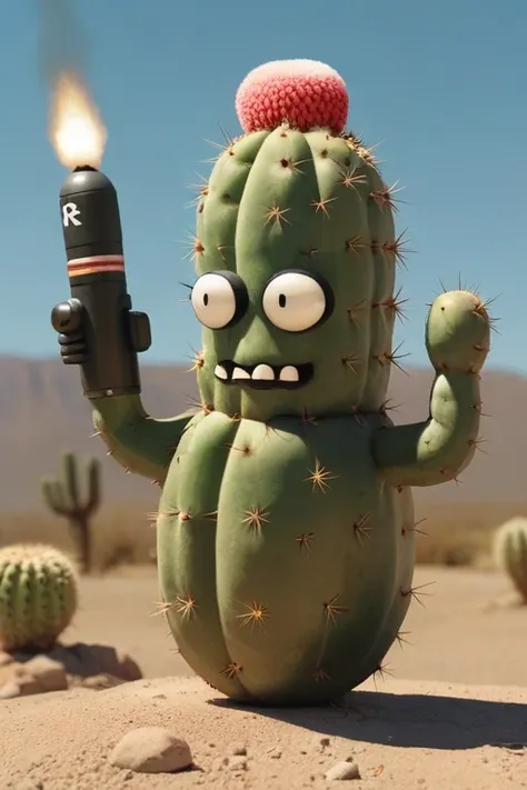 a realistic photo, a talking cactus holding a round bomb that clearly looks like a bomb