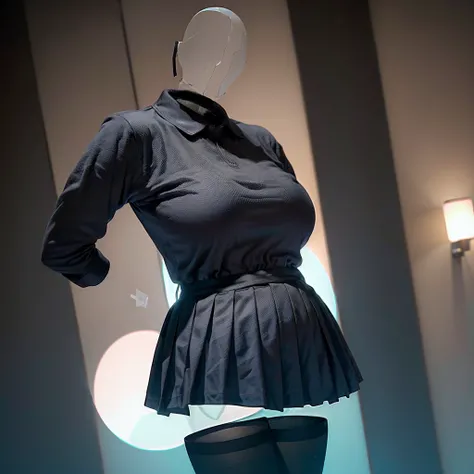 (invisible, no humans, headless, faceless:1.5), leaning forward, school skirt, black tights, fat, chubby, cute big breast, school polo shirt, (8k, RAW photo, best quality, masterpiece:1.2), (realistic, photo-realistic:1.37), photon mapping, radiosity, ((Ha...