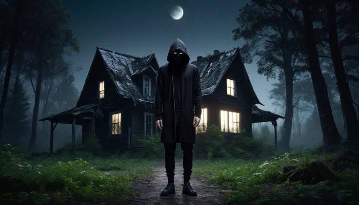 Image of a hairless man with white eyes dressed in a black outfit with a hood standing in front of an abandoned house in the forest at night ,PICTURE REALISTIC, high resolution, 8K 