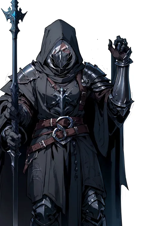 a drawing of a man in a hooded jacket holding a sword, grey armor, flowing robes and leather armor, dnd character, fantasy ttrpg villain, steel inquisitor from mistborn, corvo attano, picture of a male cleric, dnd fantasy character, epic elder scrolls art,...