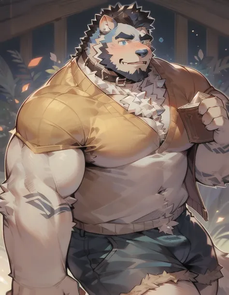 1 man,Wolf Orc,(hairy:1.5),Gray blue fur,blue eyes,,Body hair,Wearing a collar，literature,Cardigan,shorts,solitary,flat chest,,short hair,Delicate muscle lines,(Thick thighs:0.5),collar,SFW.，author：Takemoto Arashi