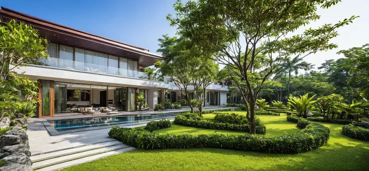 qlcd,tingyuan, photo of tropical style villa, grassland, garden, shrubs and trees, rock decoration, clear sky, sun light, realis...