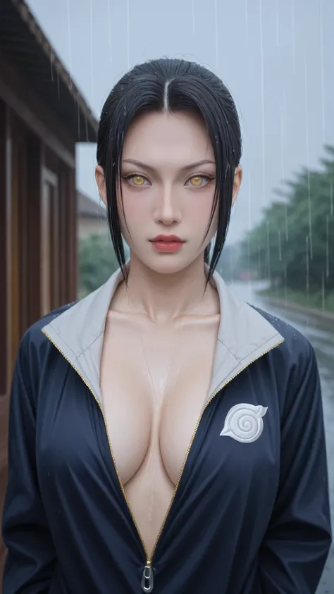 realistic,score_9, score_8_up, score_7_up, BREAK,
Xiaonan (Naruto), 1girll, Solo, Breasts, Yellow_Eyes, The upper part of the body_Body, Looking_To_The_Side, Makeup, zippers, rain, Paper, nase, Open clothes, Paper ninjutsu, Upper body, AKATSUKI OUTFIT, La ...