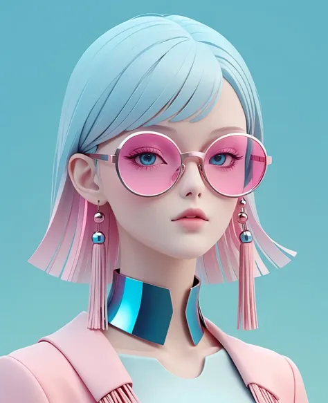 3d illustration of upper body and face of artificial intelligence model wearing futuristic glasses, stylish glasses with tassels...