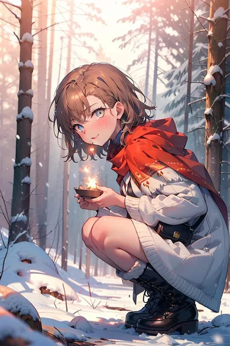 mycotrose, brown eyes,brown hair,short hair,smile,blush,white breath,
open your mouth,snow,ground bonfire, outdoor, boots, snowi...