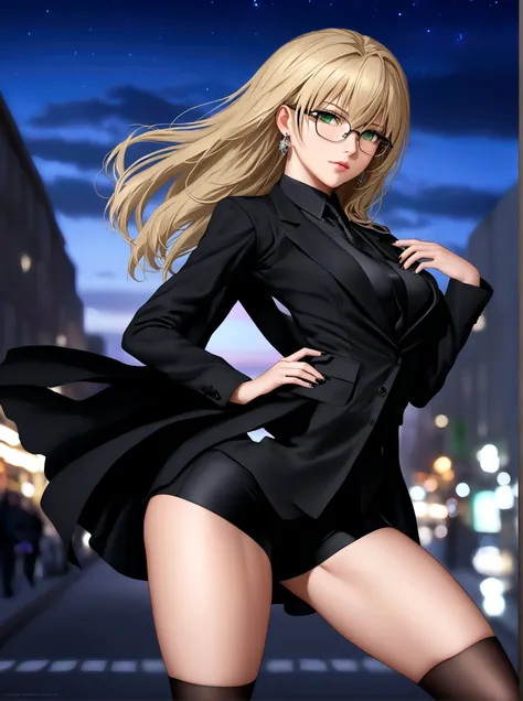 artoria pendragon, Type-Moon, fate/ stay night,floating，comiccore，filigree quasar，super realistic，super detailed wallpaper，8K，Aho，Green eyes，Royal sister，Long blond hair，Wearing silver glasses，Black vest，Delicate and small earrings，Black coat，Exposing bell...