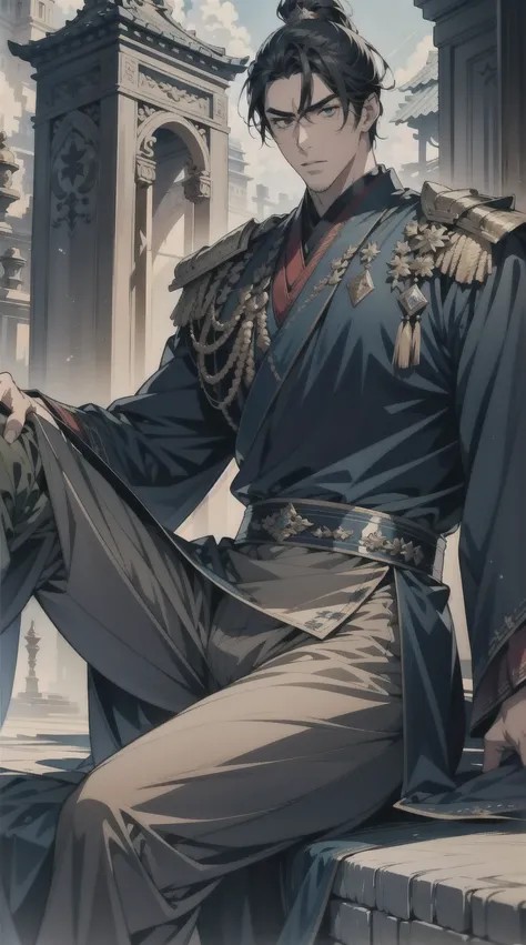 masterpiece，Best quality，illustration，lifelike，Photorealism，Facial details，Official Art，light，Tie military uniform，1 man，Sitting，Close-up of the pants，Crotch angle，solo，hansome，male，[[[［muscle］]],｛No bangs｝，Neat hair，Black hair，Short hair，blue eyes，serious...