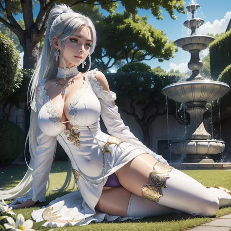 woman in a garden, Beautiful detailed eyes, beautiful detailed full lips, ( smiling slightly)extremely detailed eyes and face, long eyelashes, low-cut blue blouse with high neck and long sleeves, white skirt (covering half of the thighs), (clothing decorat...