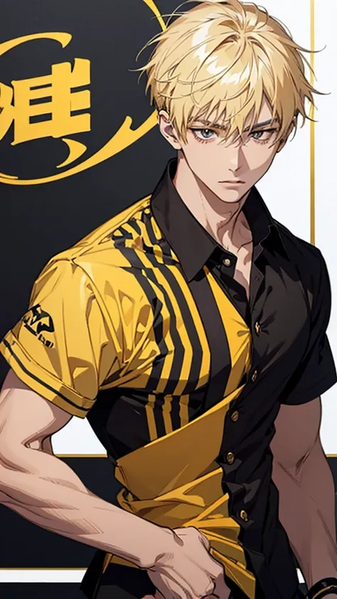 Man, Japanese, university student, short hair, blonde hair, gold ear cuff, yellow and black striped shirt, black wristband, upper body