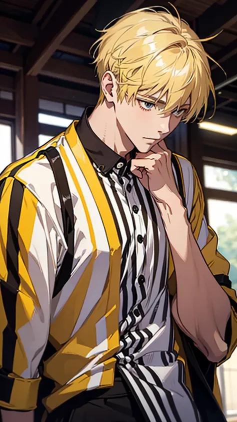 Man, Japanese, university student, short hair, blonde hair, gold ear cuff, yellow and black striped shirt, black wristband, upper body