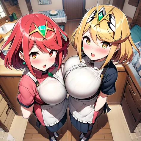 Pyra,mythra,apron,Females in heat,blush,open mouth,gigantic huge breasts,looking at viewer,Taken from the viewpoint above,upturned eyes,near,standing up,Lined up,house,in room,SFW