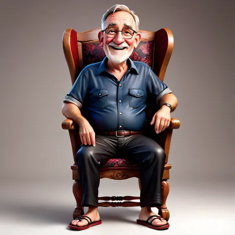 crete realistic 3d caricature disney pixar style full body with big head. 70 year old man, sitting relaxed in a classic wooden c...