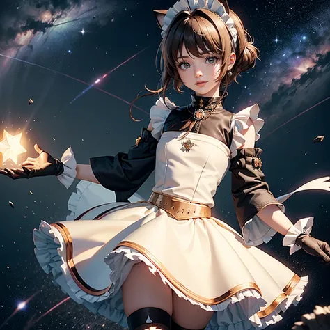 1girl, black maid dress, jewelry, brown hair, flowing hair, short hair, maid dress with a short skirt and layers, black laces, black boots, white dress with transparency, gold details on her clothes, cat ears, animal ears,  more details, perfectly body, pe...