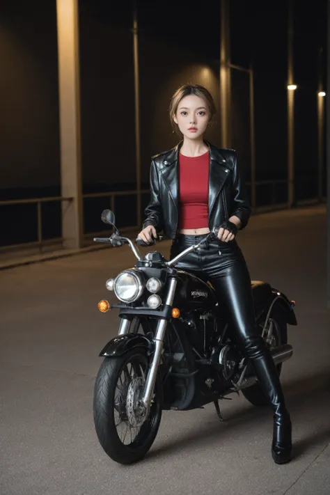 realistic,score_9, score_8_up, score_7_up, BREAK,
 Full body shot, photo of the whole motorcycle, Cute young woman in Japan, Ride an old traditional shiny metallic silver motorcycle at the wharf, glamorous shape, shoulder length shiny smooth light brown ha...