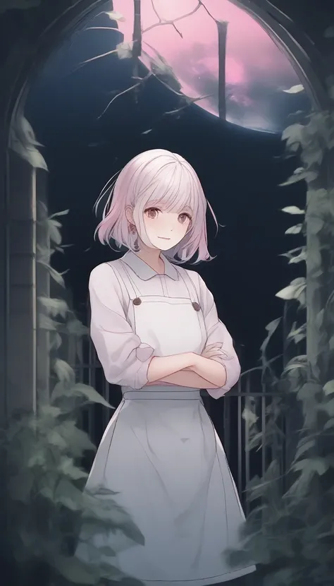 score_9, score_8_up, score_7_up, score_6_up, score_5_up, score_4_up, source_anime, beautiful and cute woman, innkeeper, cooking, long face, silvery bob cut, blunt bangs, droopy eyes, smirk, pink cheeks, in a dim forest, faint moonlight, inn entrance with s...