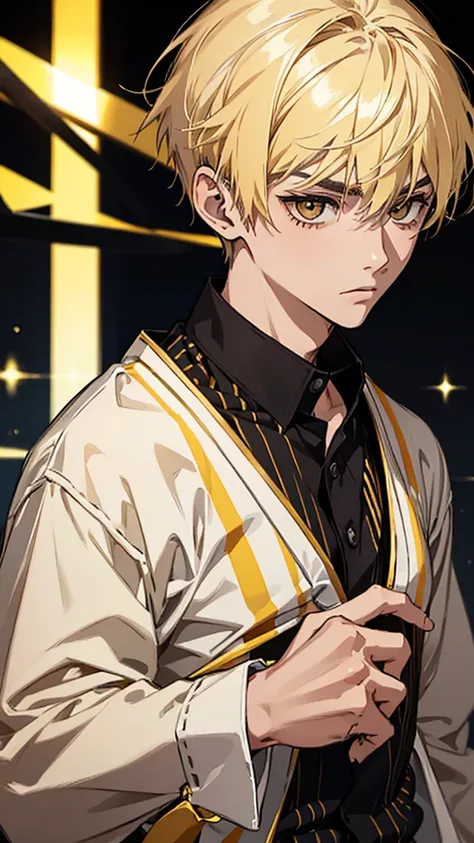 Man, Japanese, university student, short hair, blonde hair, dark eyes, black eyebrows, thin eyebrows, gold ear cuffs, yellow and black striped shirt, black wristband, looking towards the camera, hands down, upper body