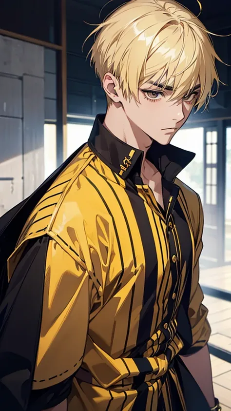 Man, Japanese, university student, short hair, blonde hair, dark eyes, black eyebrows, thin eyebrows, gold ear cuffs, yellow and black striped shirt, black wristband, looking towards the camera, hands down, upper body